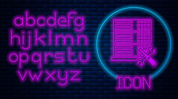 Leuchtende Neon-Datenbank-Server mit Schraubenzieher und Schraubenschlüssel-Symbol isoliert auf Backsteinwand Hintergrund. Anpassung, Service, Einstellung, Wartung, Reparatur, Reparatur. Neonlicht-Alphabet. Vektorillustration — Stockvektor