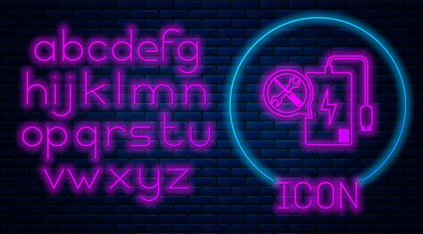 Leuchtende Neon-Powerbank mit Schraubenzieher und Schraubenschlüssel-Symbol isoliert auf Backsteinwand Hintergrund. Anpassung, Service, Einstellung, Wartung, Reparatur, Reparatur. Neonlicht-Alphabet. Vektorillustration — Stockvektor