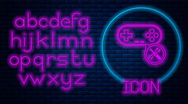 Glowing neon Gamepad with screwdriver and wrench icon isolated on brick wall background. Adjusting, service, setting, maintenance, repair, fixing. Neon light alphabet. Vector Illustration — Stock Vector