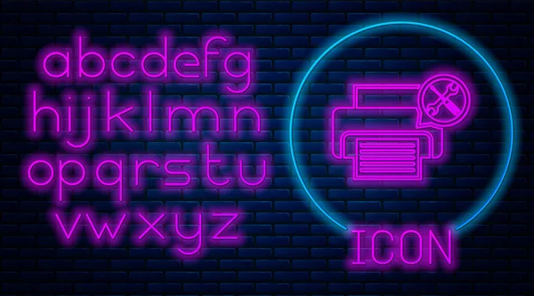 Glödande neon skrivare med skruvmejsel och skiftnyckel ikon isolerad på tegel vägg bakgrund. Justering, service, inställning, underhåll, reparation, fixering. Neonljus alfabet. Vektor Illustration — Stock vektor