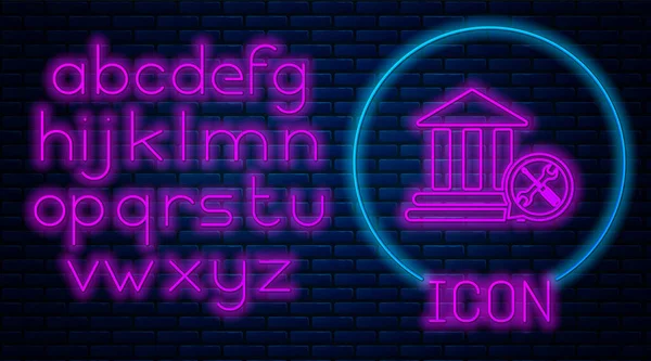 Leuchtende Neon-Bank Gebäude mit Schraubenzieher und Schraubenschlüssel-Symbol isoliert auf Backstein-Wand-Hintergrund. Anpassung, Service, Einstellung, Wartung, Reparatur, Reparatur. Neonlicht-Alphabet. Vektorillustration — Stockvektor