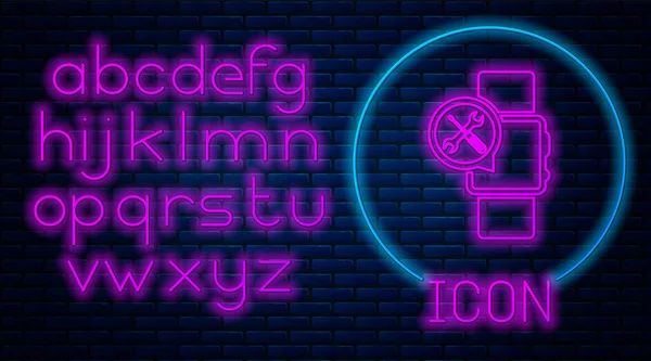 Gloeiende neon Smartwatch met schroevendraaier en moersleutel pictogram geïsoleerd op baksteen muur achtergrond. Aanpassen, service, instelling, onderhoud, reparatie, vaststelling. Neon licht alfabet. Vector Illustratie — Stockvector