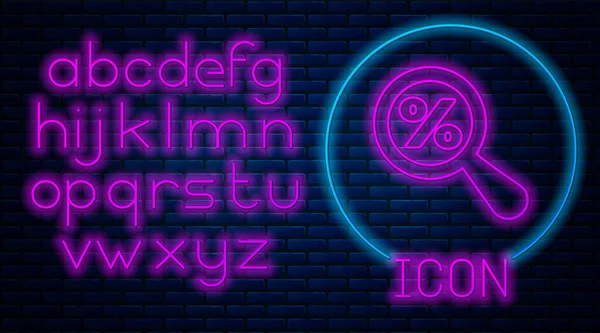 Glowing neon Magnifying glass with percent discount icon isolated on brick wall background. Discount offers searching. Search for discount sale sign. Neon light alphabet. Vector Illustration — Stock Vector