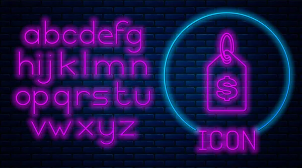 Glödande neon Pris tag med dollar ikon isolerad på tegelvägg bakgrund. Bricka för pris. Försäljning med dollar symbol. Promo tag rabatt. Neonljus alfabet. Vektor Illustration — Stock vektor