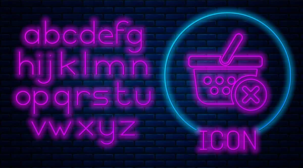 Leuchtende Neon entfernen Warenkorb-Symbol isoliert auf Backsteinwand Hintergrund. Online-Kaufkonzept. Lieferservice-Schild. Supermarkt Warenkorb und x-Zeichen. Neonlicht-Alphabet. Vektorillustration — Stockvektor