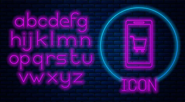 Świecący neon Telefon komórkowy i ikona koszyka zakupów izolowane na tle ściany z cegły. Symbol zakupu online. Symbol koszyka w supermarkecie. Neonowy alfabet świetlny. Ilustracja wektora — Wektor stockowy