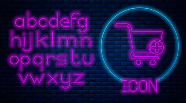 Ragyogó neon Add to Shopping cart ikon elszigetelt téglafal háttér. Online vásárlási koncepció. Kézbesítőtábla. Szupermarket kosár szimbólum. Neonfény ábécé. Vektorillusztráció — Stock Vector