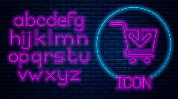 Fluo lumineux Ajouter au panier icône isolée sur fond de mur de briques. Concept d'achat en ligne. Panneau de service de livraison. Symbole de panier de supermarché. Alphabet néon. Illustration vectorielle — Image vectorielle