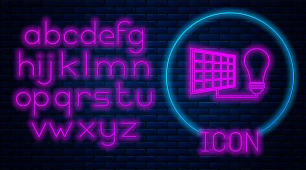 Leuchtende Neon-Solarmodul und Glühbirnen-Symbol isoliert auf Backsteinwand Hintergrund. Neonlicht-Alphabet. Vektorillustration — Stockvektor