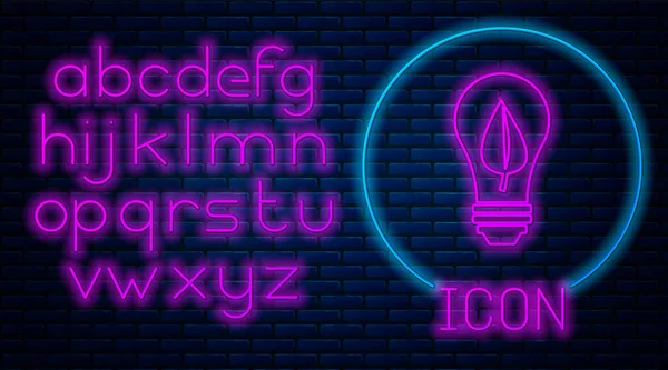 Leuchtende Neon-Glühbirne mit Blatt-Symbol isoliert auf Backsteinwand Hintergrund. Ökoenergiekonzept. alternative Energiekonzepte. Neonlicht-Alphabet. Vektorillustration — Stockvektor