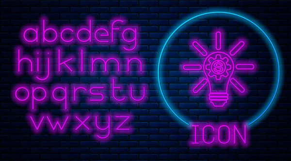 Leuchtende Neon-Glühbirne mit Ausrüstung im Inneren und Dollar-Symbol isoliert auf Backstein-Wand-Hintergrund. Fintech-Innovationskonzept. Neonlicht-Alphabet. Vektorillustration — Stockvektor