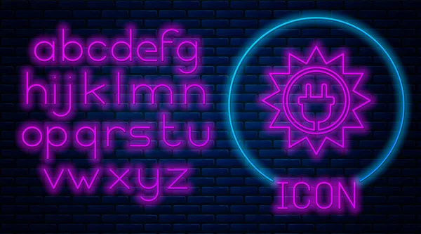 Gloeiende neon zonne-energie paneel pictogram geïsoleerd op baksteen muur achtergrond. Zon en elektrische stekker. Neon licht alfabet. Vector Illustratie — Stockvector