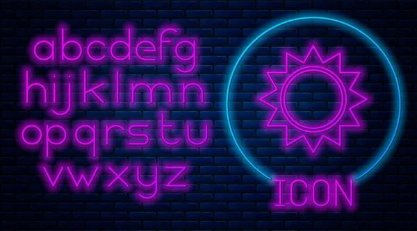 Leuchtende Neonsonne Ikone isoliert auf Backsteinwand Hintergrund. Neonlicht-Alphabet. Vektorillustration — Stockvektor