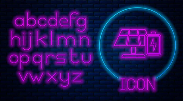 Gloeiend neon Zonne-energie paneel en batterij pictogram geïsoleerd op baksteen muur achtergrond. Neon licht alfabet. Vector Illustratie — Stockvector