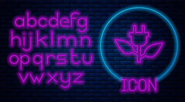 Leuchtende Neon-Stecker in Blatt-Symbol isoliert auf Backsteinwand Hintergrund. Energie sparen Stromsymbol. Umweltschutz-Symbol. Bioenergie. Neonlicht-Alphabet. Vektorillustration — Stockvektor