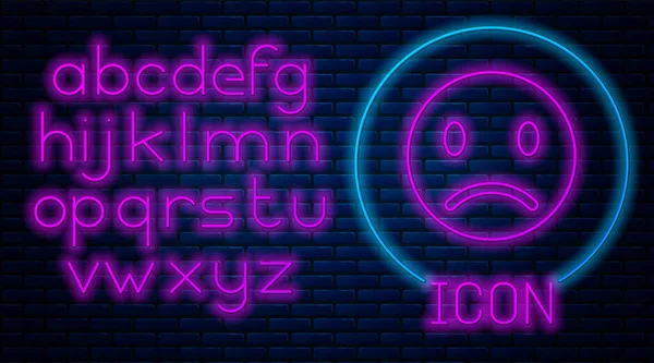 Gloeiende neon Droevige glimlach pictogram geïsoleerd op bakstenen muur achtergrond. Emoticon gezicht. Neon licht alfabet. Vector Illustratie — Stockvector
