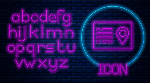 Gloeiende neon Adresboek pictogram geïsoleerd op baksteen muur achtergrond. Telefoongids. Neon licht alfabet. Vector Illustratie — Stockvector