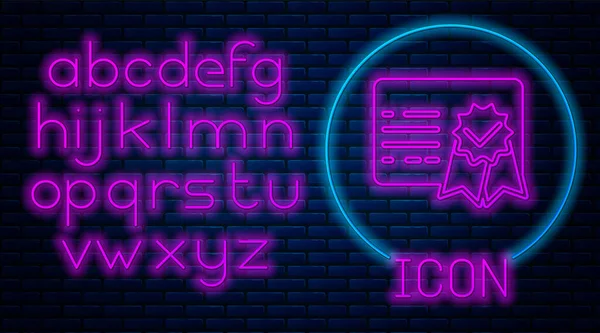 Glödande Neon certifikatmall ikon isolerad på tegelvägg bakgrund. Prestation, utmärkelse, grad, stipendium, diplom. Certifikat för företags framgång. Neonljus alfabetet. Vektor illustration — Stock vektor