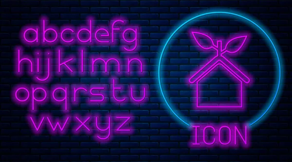 Ragyogó neon környezetbarát ház ikon elszigetelt téglafal háttér. Öko-ház levéllel. Neonfény ábécé. Vektorillusztráció — Stock Vector