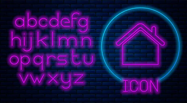 Ragyogó neon ház ikon elszigetelt téglafal háttér. Otthon szimbólum. Neonfény ábécé. Vektorillusztráció — Stock Vector