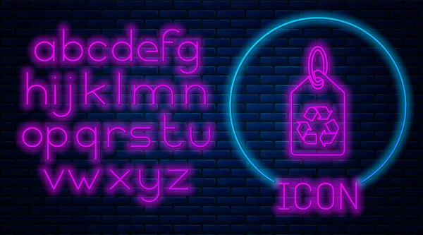 Glowing neon Tag with recycle symbol icon isolated on brick wall background. Banner, label, tag, logo, sticker for eco green. Neon light alphabet. Vector Illustration — Stock Vector