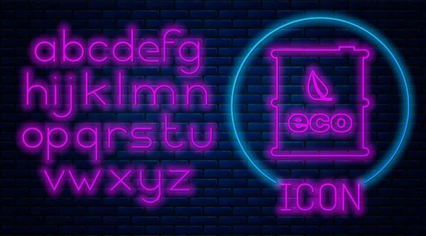 Leuchtende Neon-Biokraftstoff-Barrel-Symbol isoliert auf Backsteinwand Hintergrund. Öko-Bio und Kanister. grüne Umwelt und Recycling. Neonlicht-Alphabet. Vektorillustration — Stockvektor