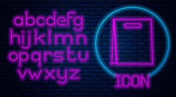 Gloeiende neon papieren boodschappentas pictogram geïsoleerd op baksteen muur achtergrond. Pakketbord. Neon licht alfabet. Vector Illustratie — Stockvector