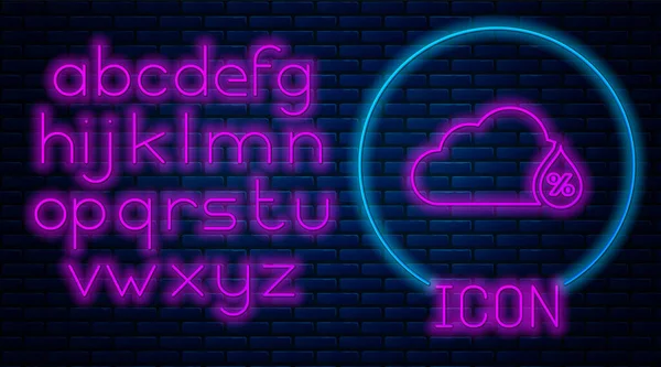 Glowing neon Humidity icon isolated on brick wall background. Weather and meteorology, cloud, thermometer symbol. Neon light alphabet. Vector Illustration — Stock Vector