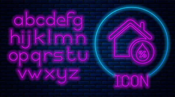 Glowing neon House humidity icon isolated on brick wall background. Weather and meteorology, thermometer symbol. Neon light alphabet. Vector Illustration — Stock Vector