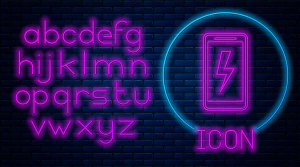 Glowing neon Smartphone charging battery icon isolated on brick wall background. Phone with a low battery charge. Neon light alphabet. Vector Illustration — Stock Vector