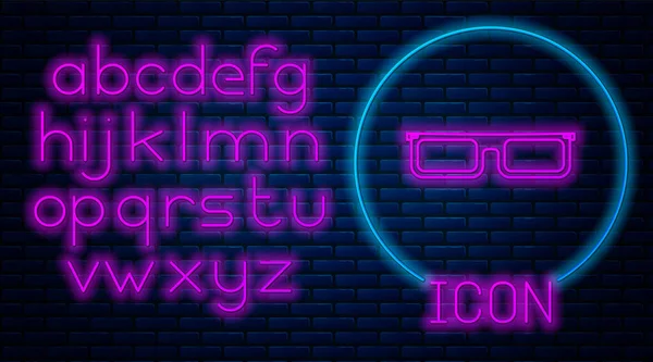 Glowing neon Glasses icon isolated on brick wall background. Eyeglass frame symbol. Neon light alphabet. Vector Illustration — Stock Vector