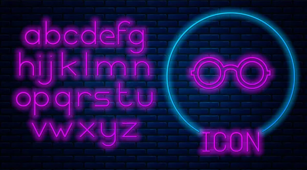 Gloeiende neon glazen pictogram geïsoleerd op bakstenen muur achtergrond. Oogglazen frame symbool. Neon licht alfabet. Vector Illustratie — Stockvector