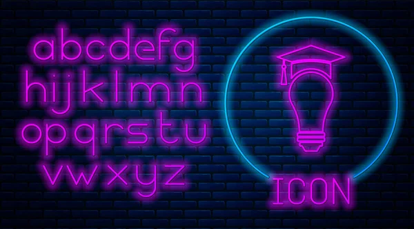 Glowing neon Light bulb and graduation cap icon isolated on brick wall background. University Education concept. Neon light alphabet. Vector Illustration — Stock Vector