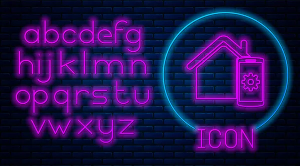 Świecący neon Inteligentny dom - ikona systemu zdalnego sterowania odizolowana na ceglanym tle ściany. Neonowy alfabet świetlny. Ilustracja wektora — Wektor stockowy