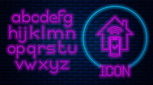 Illuminante neon Smart home icona del sistema di controllo remoto isolato su sfondo muro di mattoni. Alfabeto della luce al neon. Illustrazione vettoriale — Vettoriale Stock