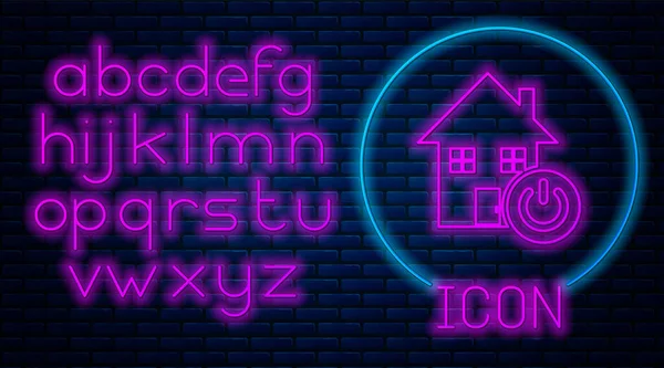 Glowing neon Smart home icon isolated on brick wall background. Remote control. Neon light alphabet. Vector Illustration — Stock Vector