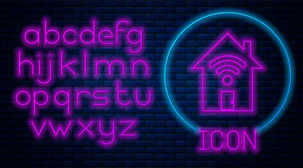 Leuchtende Neon Smart Home mit Wi-Fi-Symbol isoliert auf Backsteinwand Hintergrund. Fernbedienung. Neonlicht-Alphabet. Vektorillustration — Stockvektor