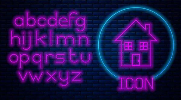 Ragyogó neon ház ikon elszigetelt téglafal háttér. Otthon szimbólum. Neonfény ábécé. Vektorillusztráció — Stock Vector