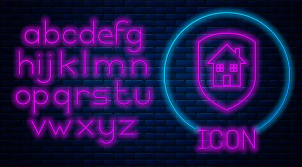 Glowing neon House under protection icon isolated on brick wall background. Home and shield. Protection, safety, security, protect, defense concept. Neon light alphabet. Vector Illustration — Stock Vector