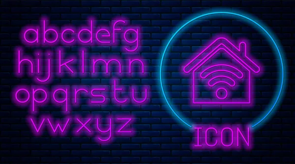 Gloeiende neon Smart home met wi-fi icoon geïsoleerd op bakstenen muur achtergrond. Afstandsbediening. Neon licht alfabet. Vector Illustratie — Stockvector
