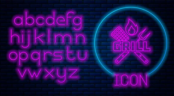 Leuchtende neongekreuzte Gabel und Spachtelsymbol isoliert auf Backsteinwand Hintergrund. Feuerflammenzeichen. Grill Gabel und Spachtel Zeichen. Grill und Grillgeräte. Neonlicht-Alphabet. Vektorillustration — Stockvektor