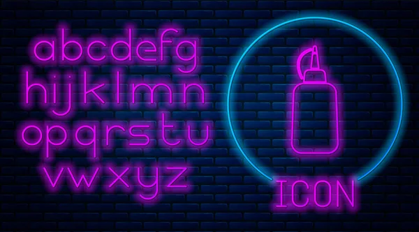 Gloeiende neon Mosterd fles pictogram geïsoleerd op baksteen muur achtergrond. Neon licht alfabet. Vector Illustratie — Stockvector