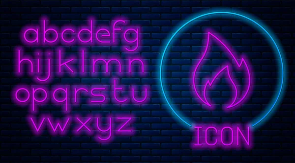 Gloeiende neon Vuur vlam pictogram geïsoleerd op baksteen muur achtergrond. Hittesymbool. Neon licht alfabet. Vector Illustratie — Stockvector