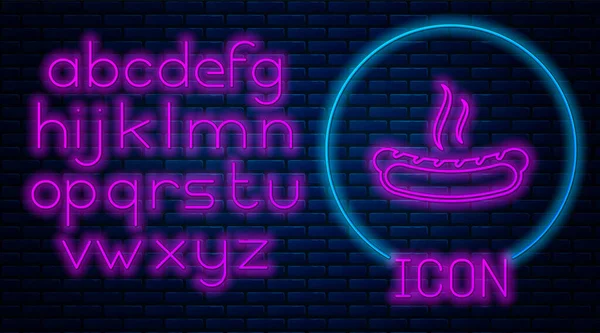 Gloeiende neon Hotdog sandwich met mosterd pictogram geïsoleerd op bakstenen muur achtergrond. Worstpictogram. Fastfood bord. Neon licht alfabet. Vector Illustratie — Stockvector