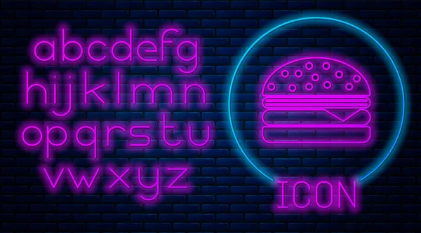 Leuchtende Neon-Burger-Ikone isoliert auf Backsteinwand Hintergrund. Hamburger Ikone. Cheeseburger Sandwich-Schild. Neonlicht-Alphabet. Vektorillustration — Stockvektor