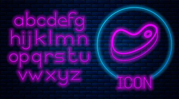 Leuchtende Neon-Steak-Fleisch-Ikone isoliert auf Backsteinwand Hintergrund. Neonlicht-Alphabet. Vektorillustration — Stockvektor