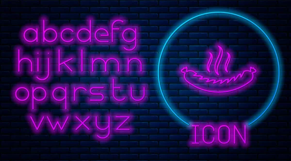 Glowing neon Sausage with steam icon isolated on brick wall background. Grilled sausage and aroma sign. Neon light alphabet. Vector Illustration — Stock Vector