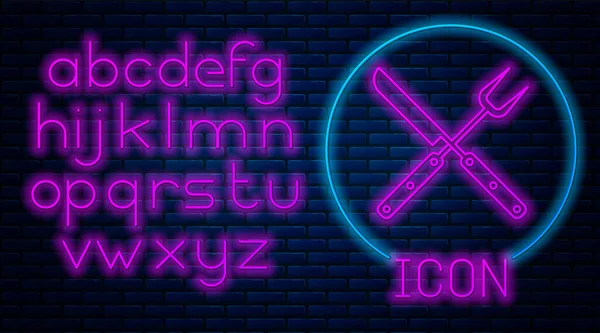 Glowing neon Crossed fork and knife icon isolated on brick wall background. BBQ fork and knife sign. Barbecue and grill tools. Neon light alphabet. Vector Illustration — Stock Vector