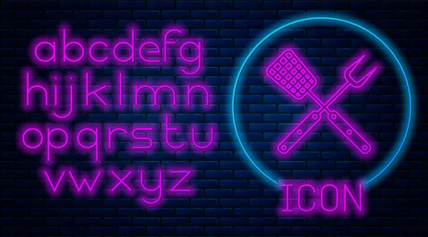 Glowing neon Crossed fork and spatula icon isolated on brick wall background. BBQ fork and spatula sign. Barbecue and grill tools. Neon light alphabet. Vector Illustration — Stock Vector