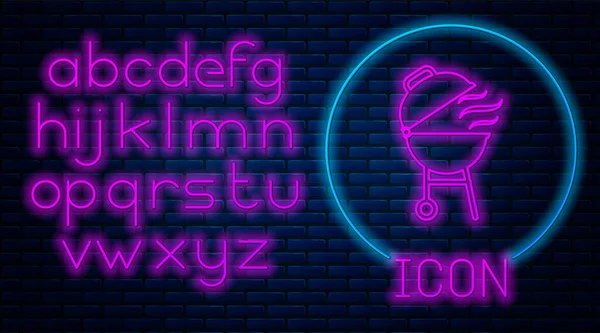 Leuchtende Neon-Grill-Symbol isoliert auf Ziegelwand Hintergrund. Grillparty. Neonlicht-Alphabet. Vektorillustration — Stockvektor